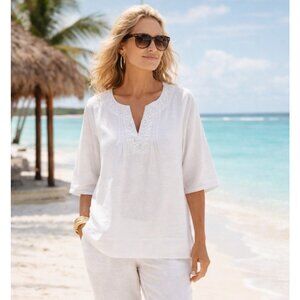 Saint Tropez West 100% Linen Embroidered White  Coastal Beachy Luxury Sz 1X